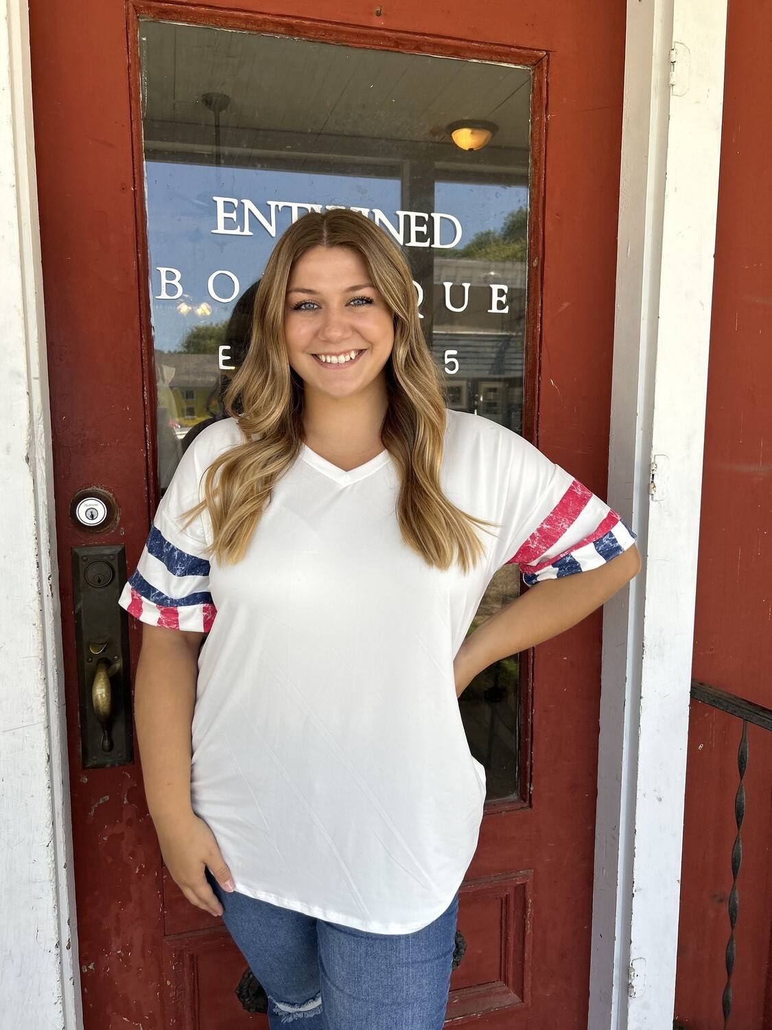 White V Neck Top with Red/White/Blue Sleeves