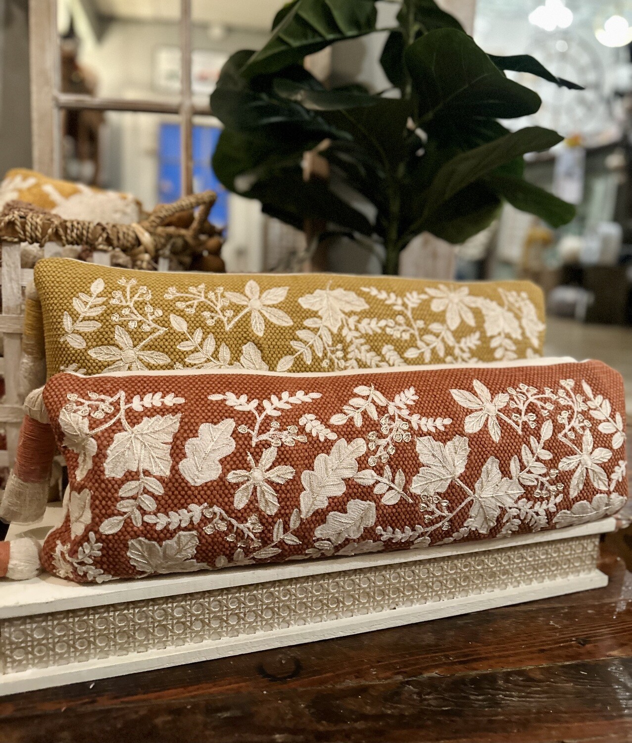 Embroidered Leaf Long Pillow