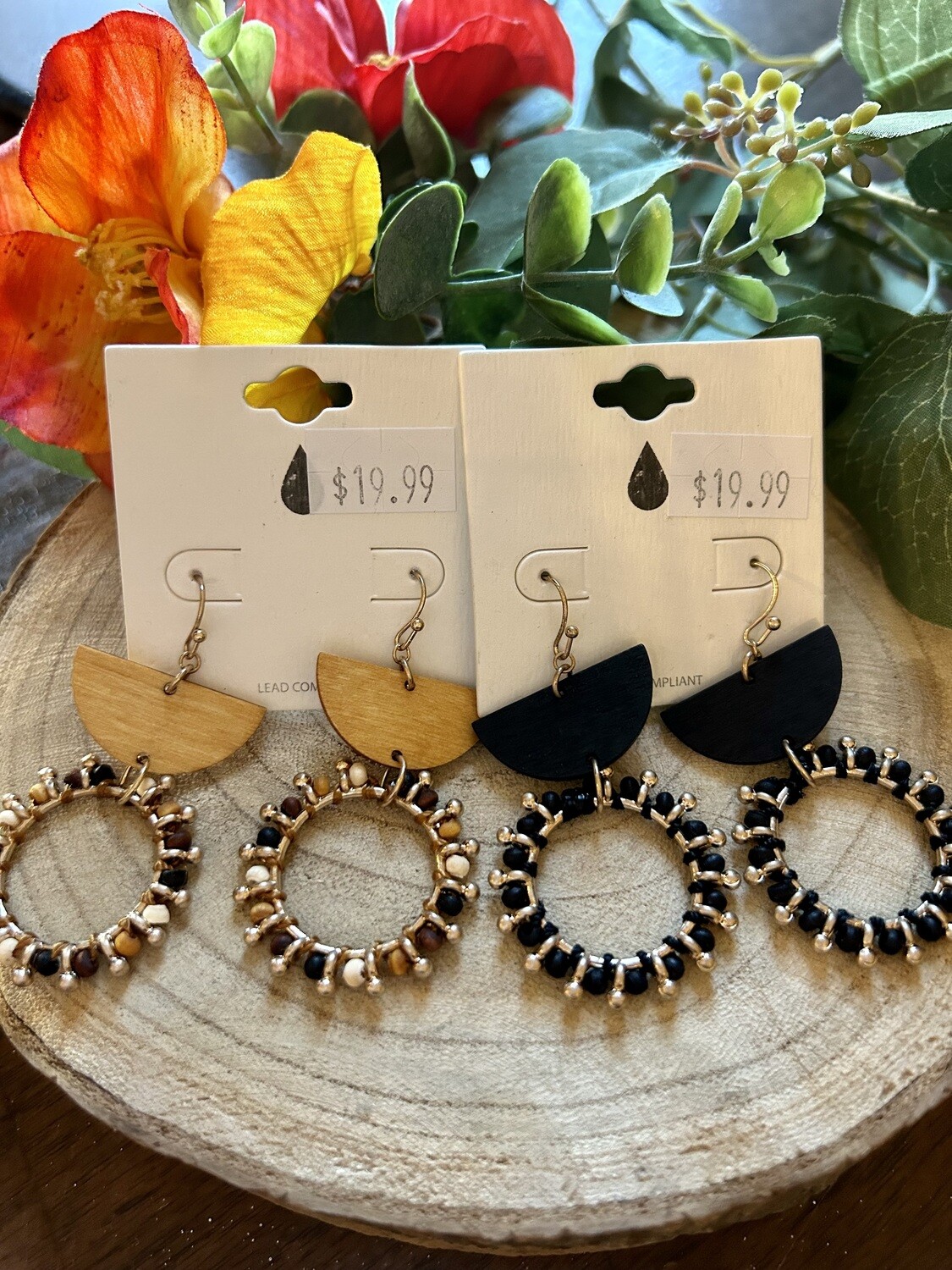 Wood Bead Dangle Earrings 