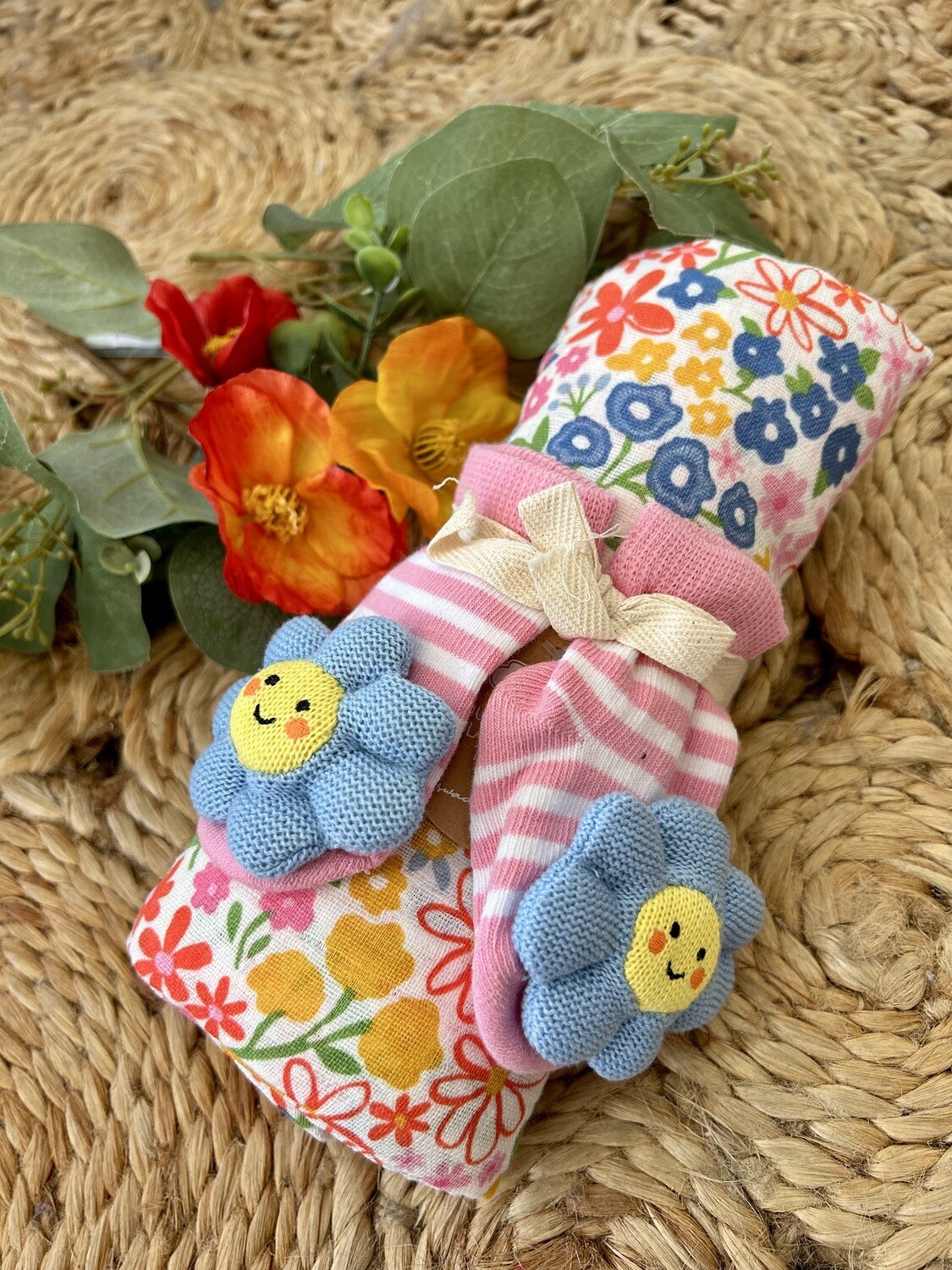 Floral Swaddle and Rattle Socks