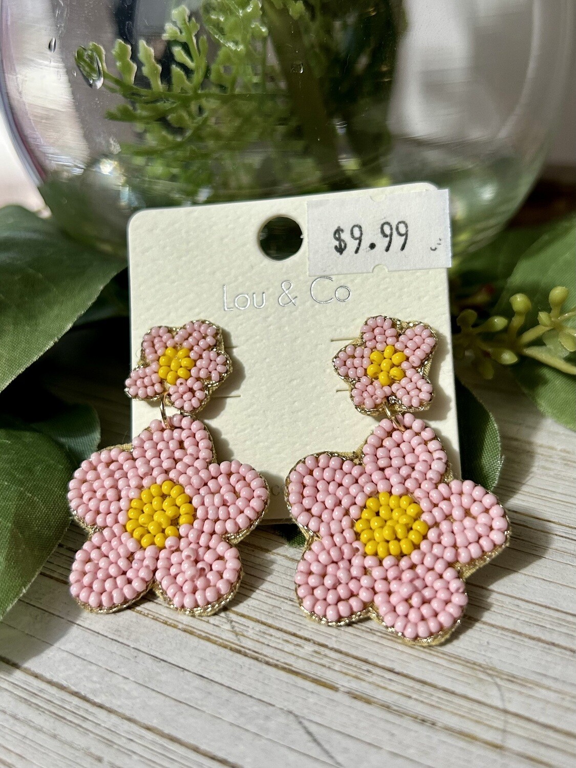 Pink Flower Beaded Earrings