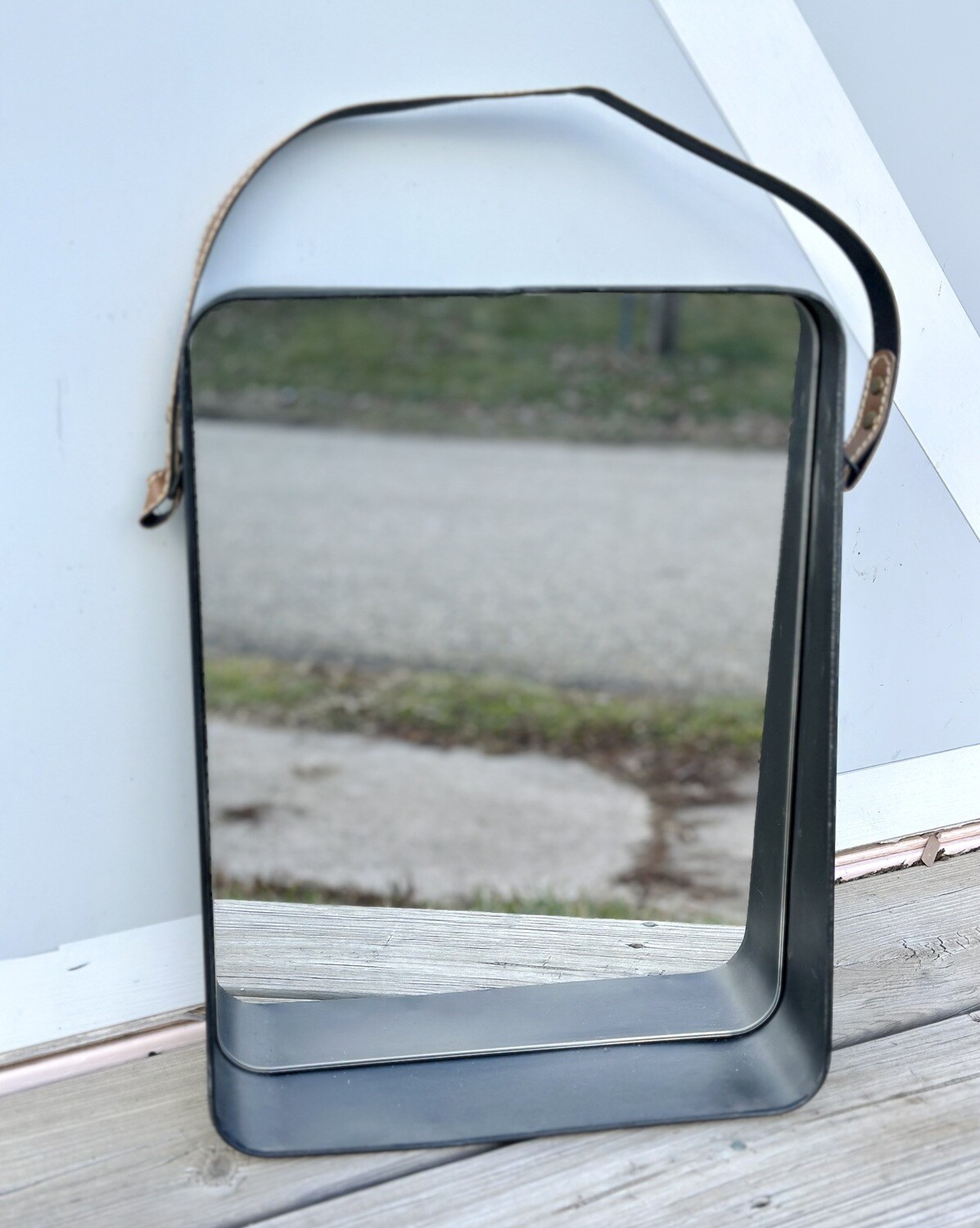 Leather Wall Mirror with Iron Shelf