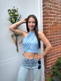 Solid Denim Cropped Wrapped Halter Top