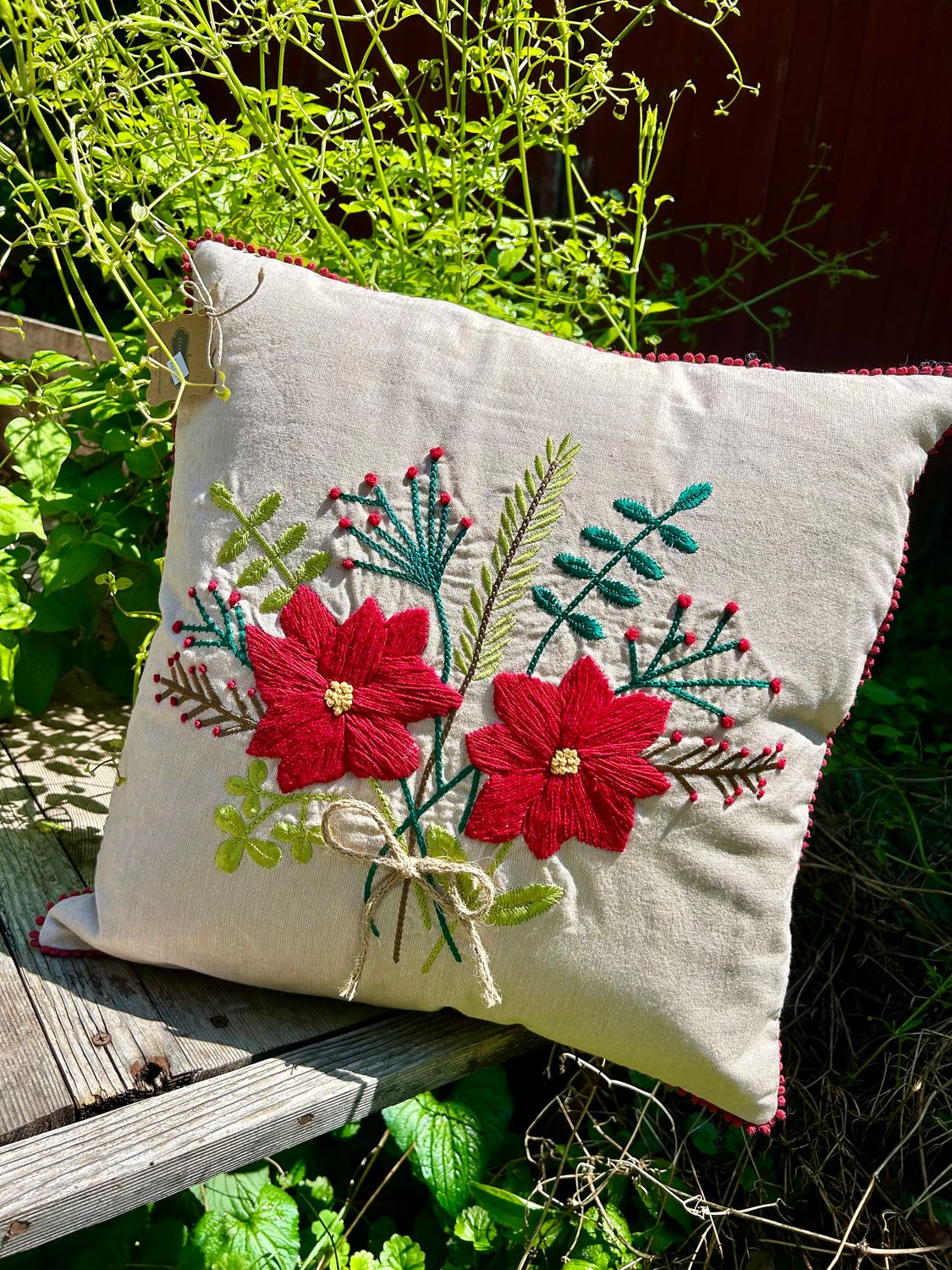 Poinsettie Embroidered Pillow