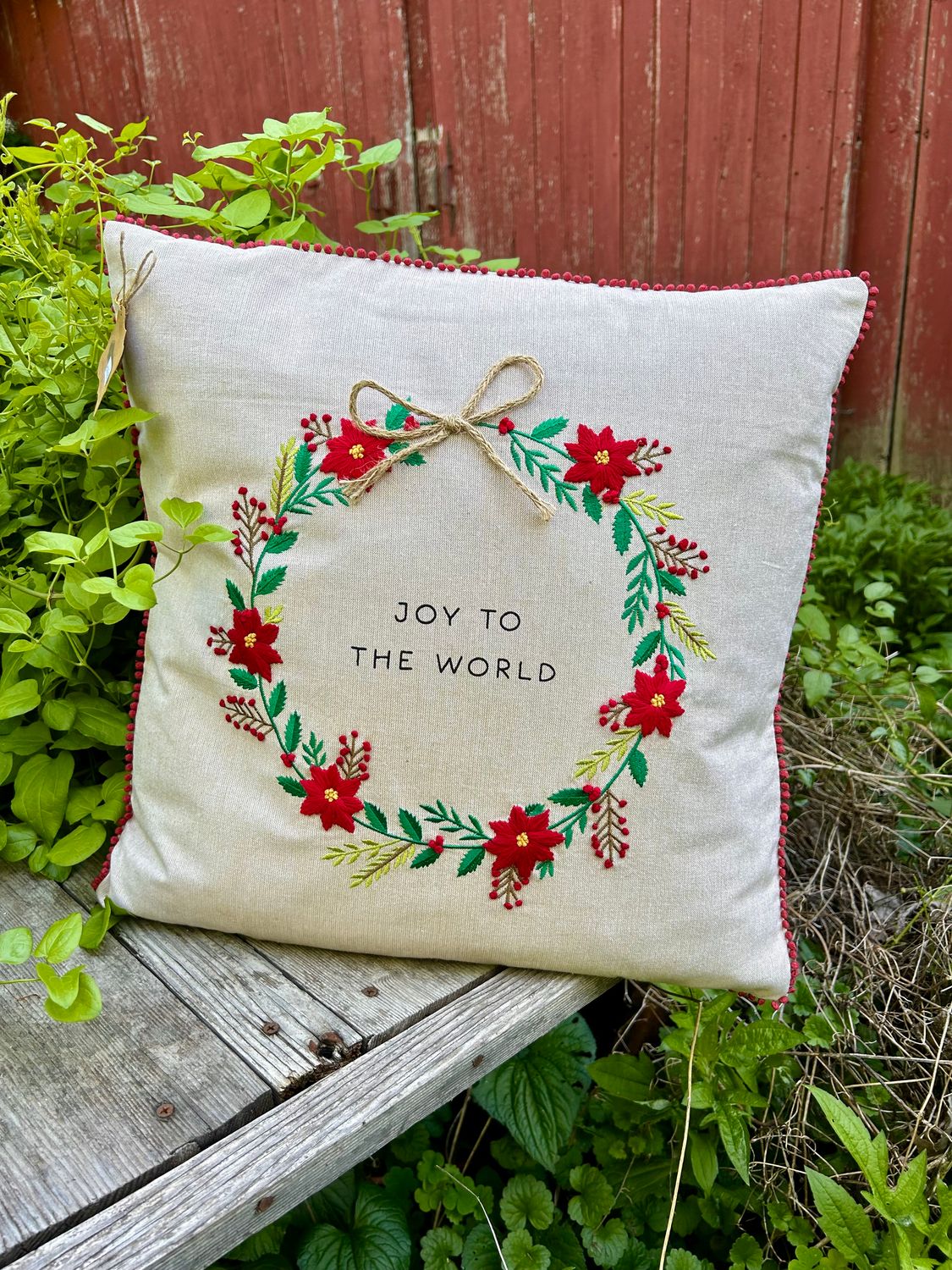 Embroidered Poinsettia Wreath Pillow