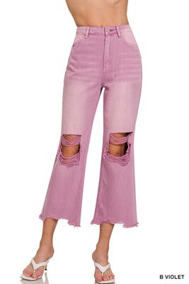 Berry Washed Distressed Knee and Hem Cropped Pants