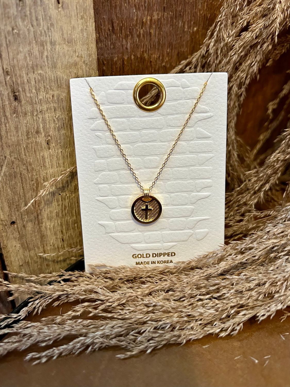 Gold-Dipped Circle Cross Necklace 
