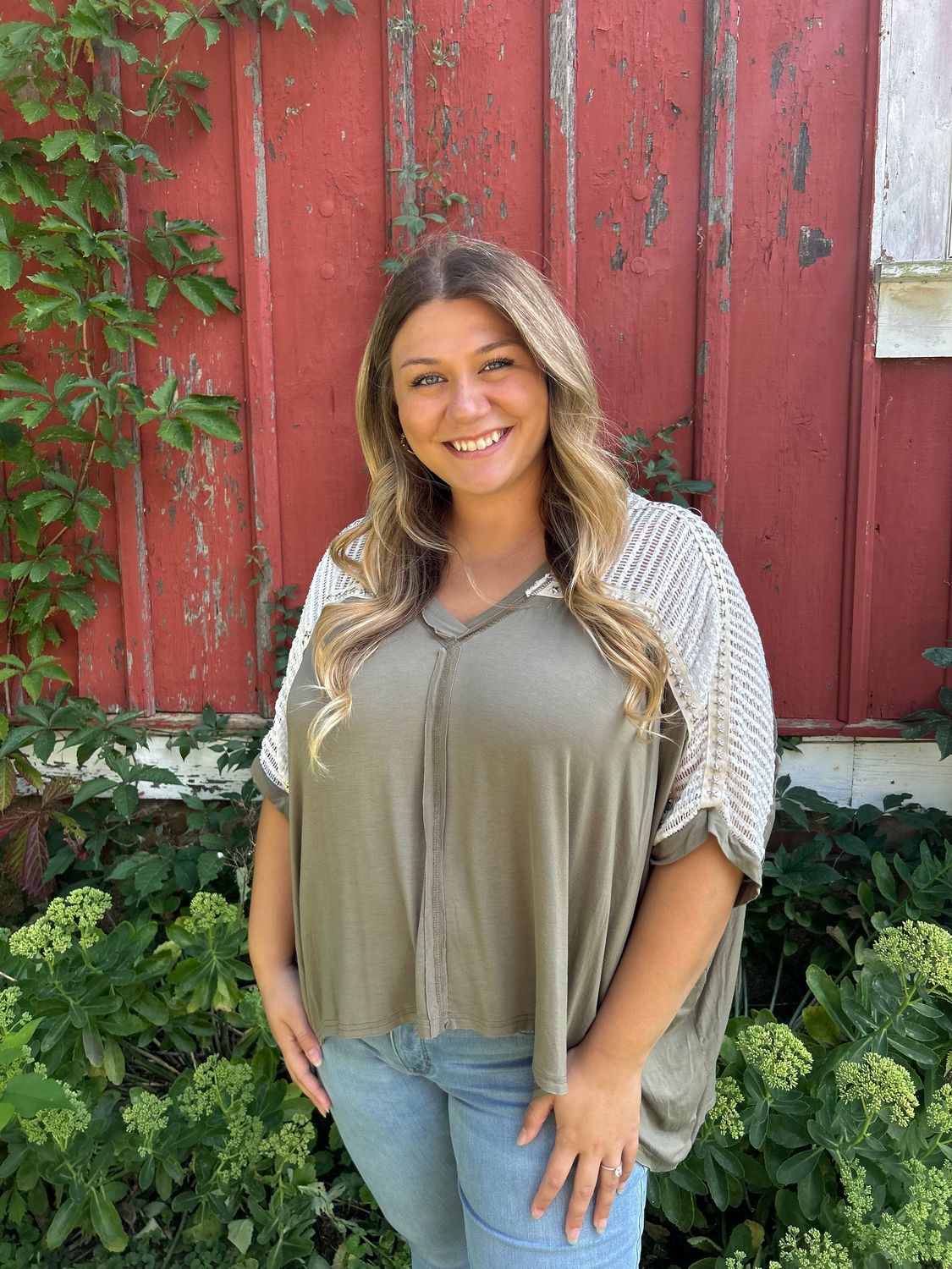Olive Oversized V-Neck Crochet Studded Top