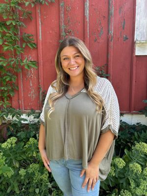 Olive Oversized V-Neck Crochet Studded Top