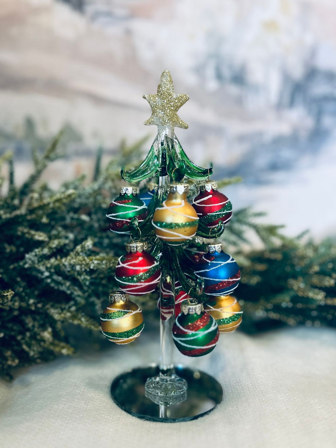 Glass Christmas Tree With Stripe Ornaments 