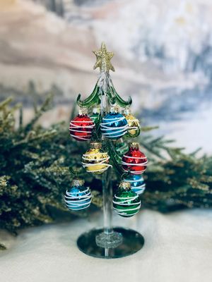 Glass Christmas Tree With Stripe Ornaments