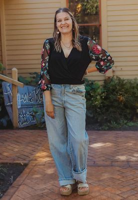 Plus Size Embroidered Mesh Floral Sleeve Surplice