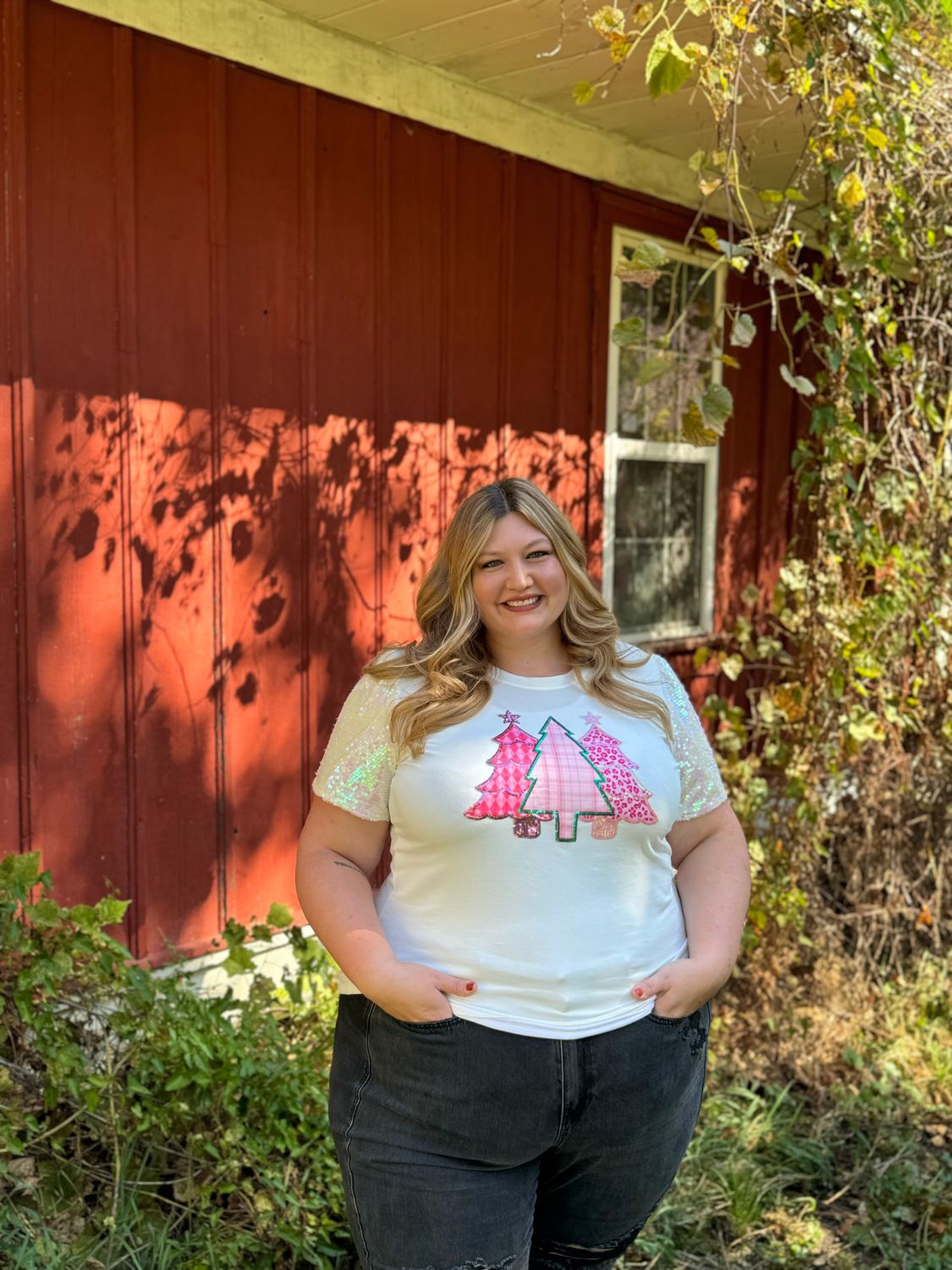 Sequin Trees on White Sequin Sleeve Top
