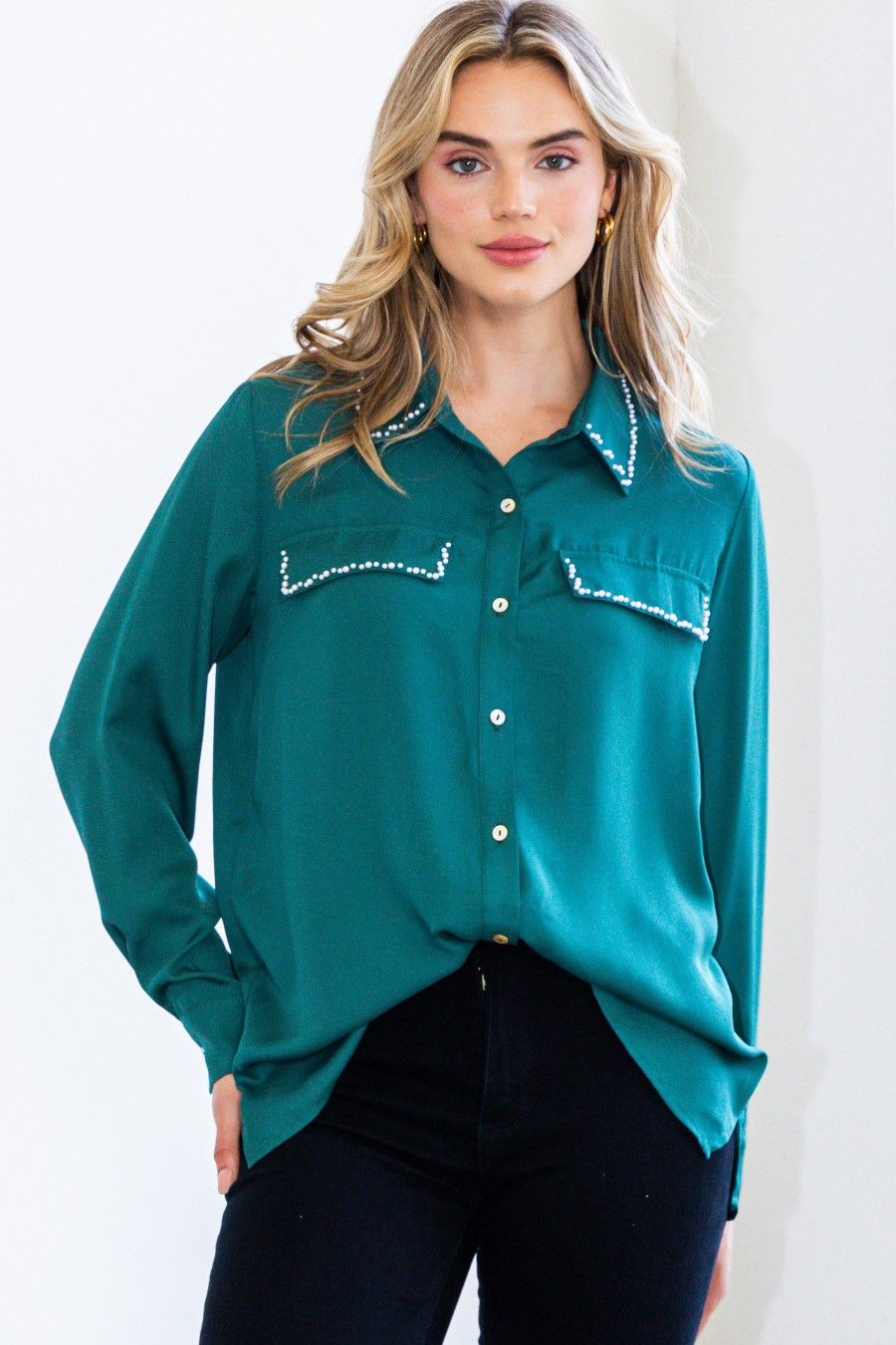 Pearls Beaded Button Up Blouse
