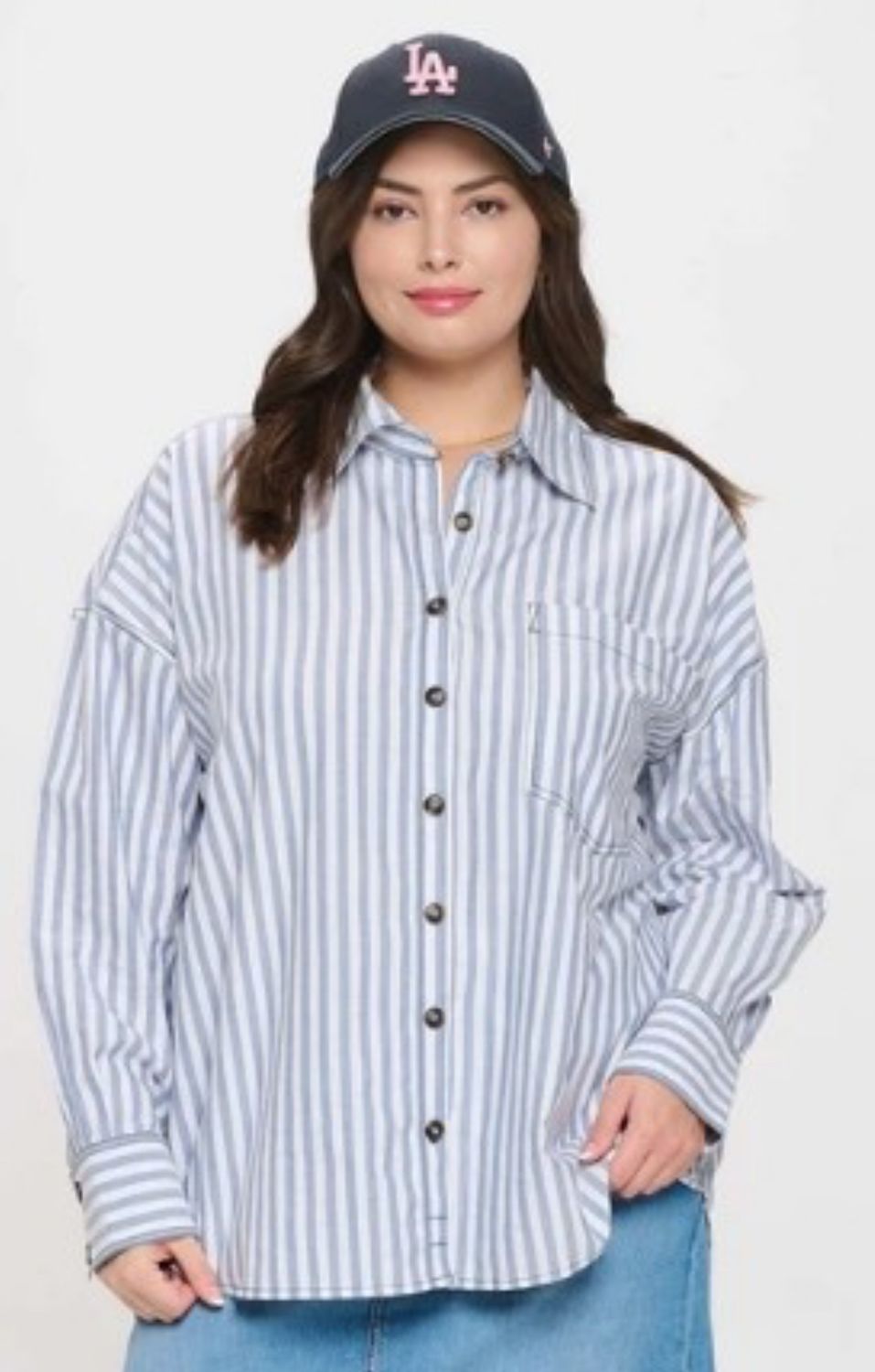 Plus Size Stripe Collared Button Down 