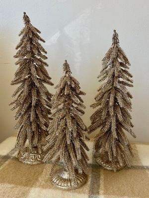 Champagne Glittered Trees Set On Metal Base 