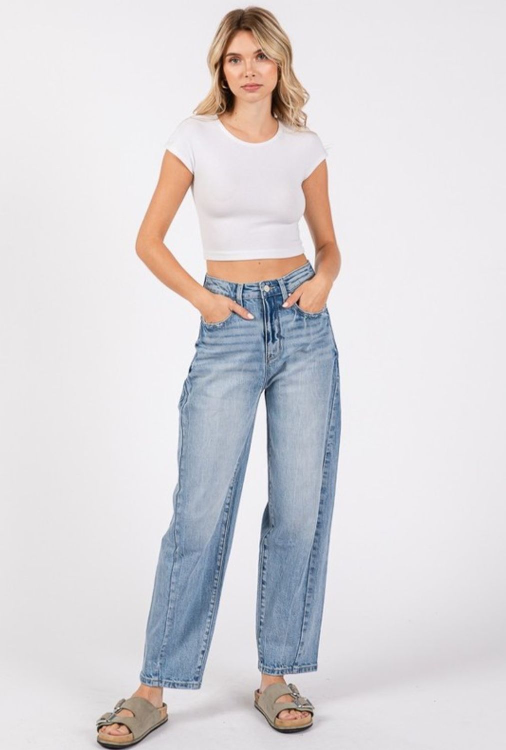 Side Seam High Rise Barrel Jeans 