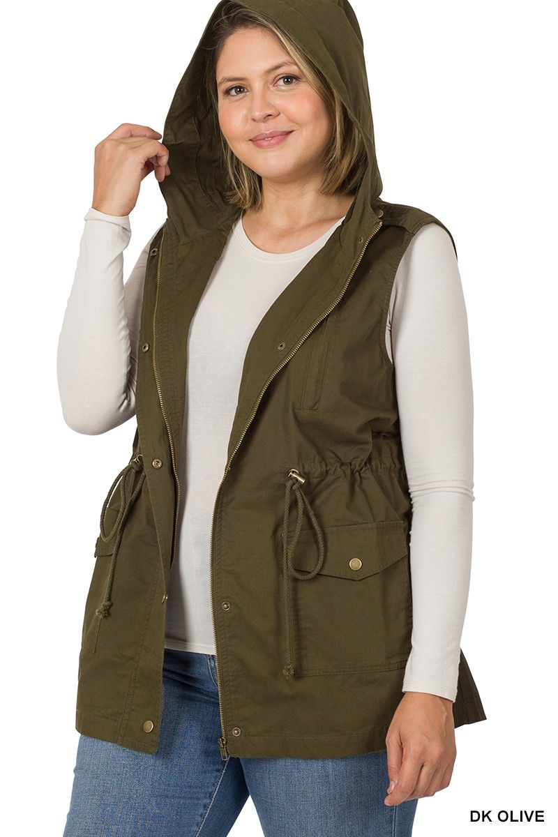 Plus Drawstring Waist Military Vest Hoodie