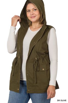 Plus Drawstring Waist Military Vest Hoodie