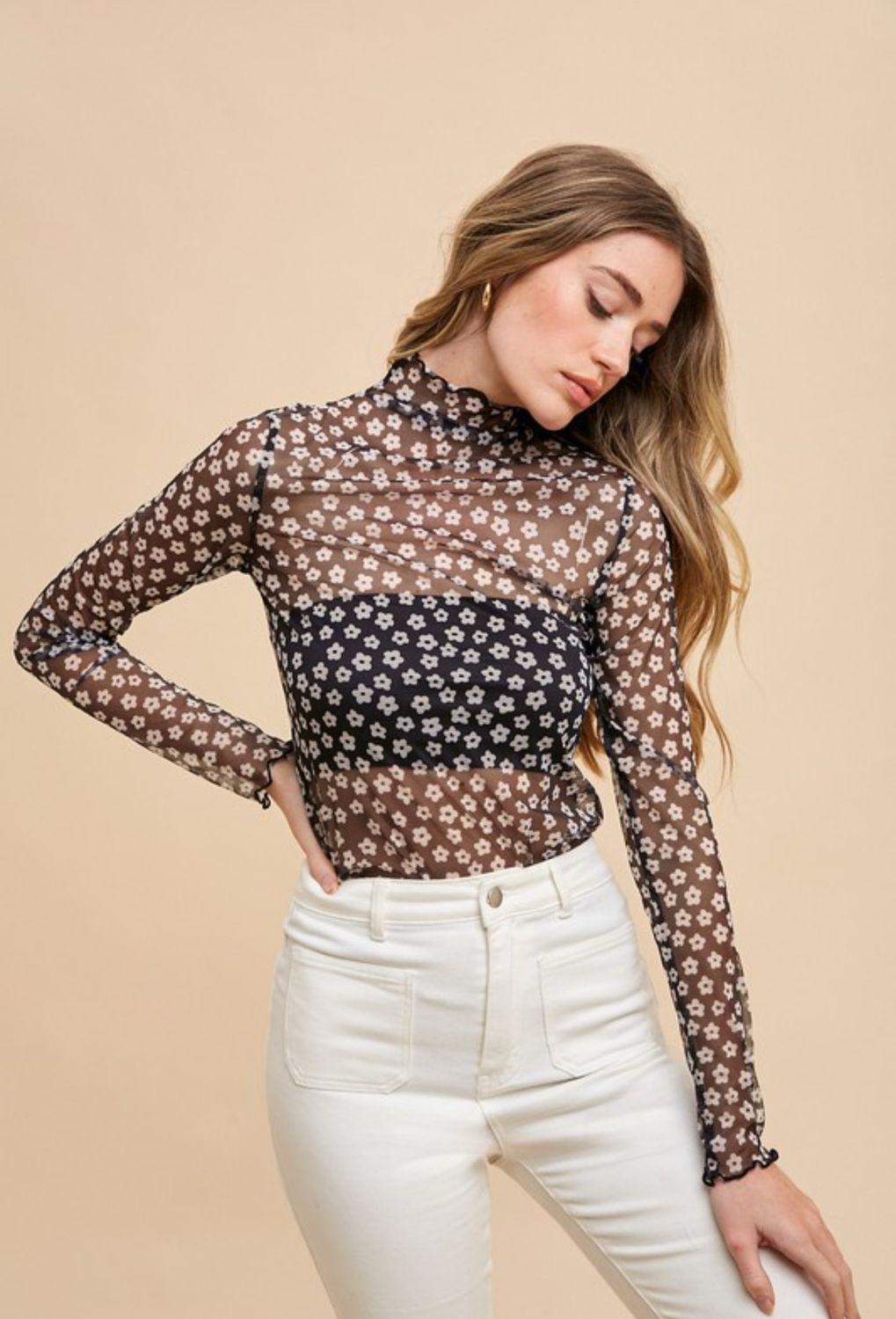 Floral Mesh Mock Neck Top