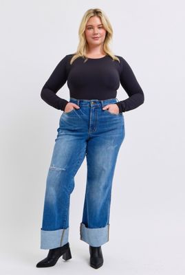 Plus High Waist Retro Wide Leg Cuff Jeans 