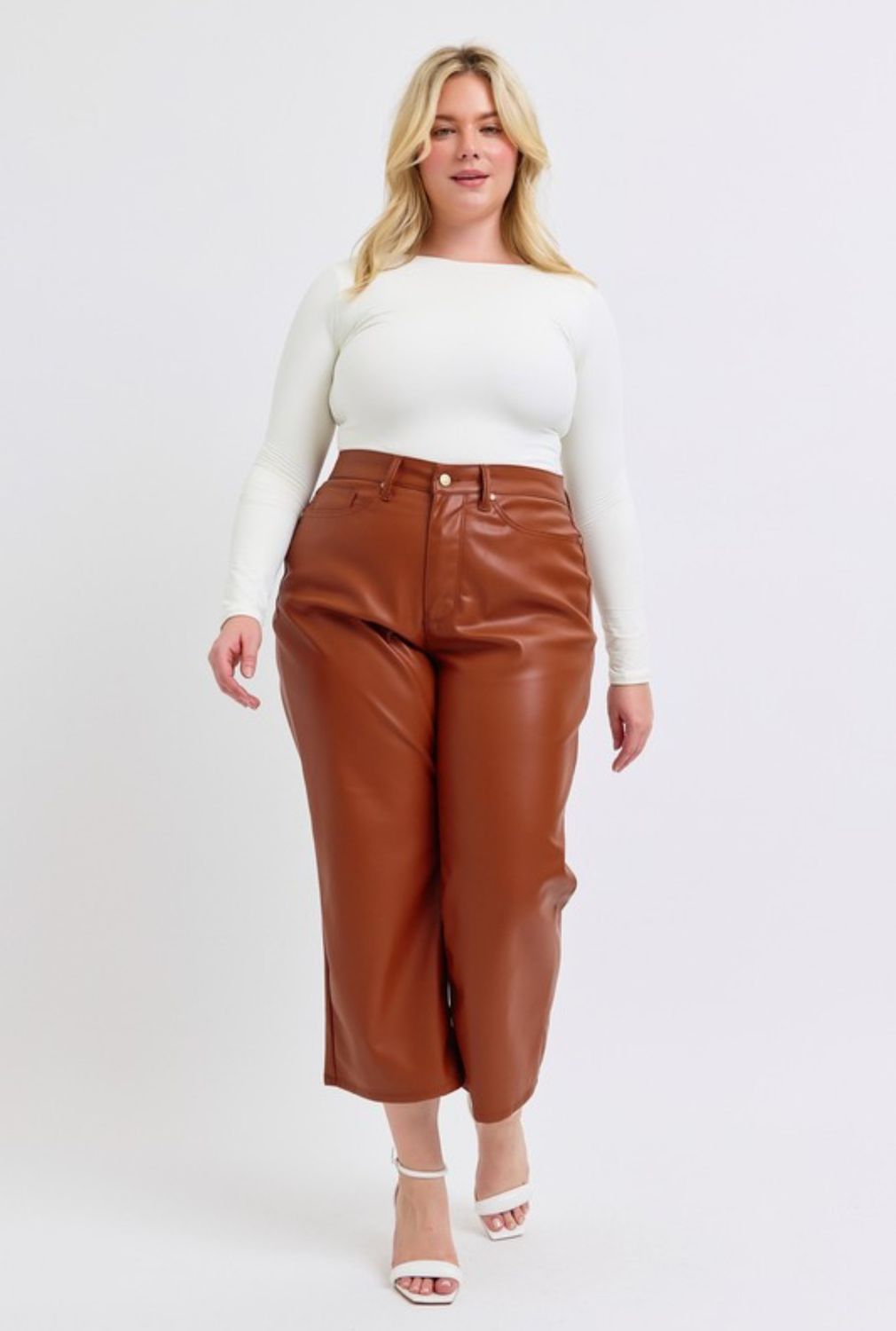 Plus High Waist Tummy Control Faux Leather  Wide