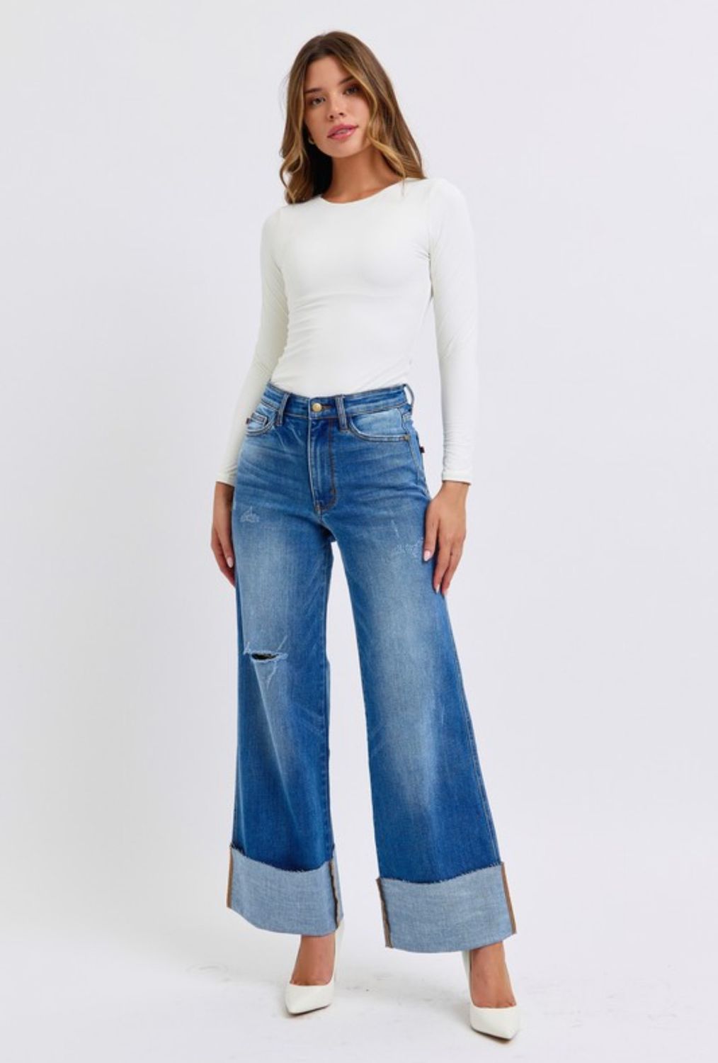 High Waist Retro Wide Leg Cuff Jeans 