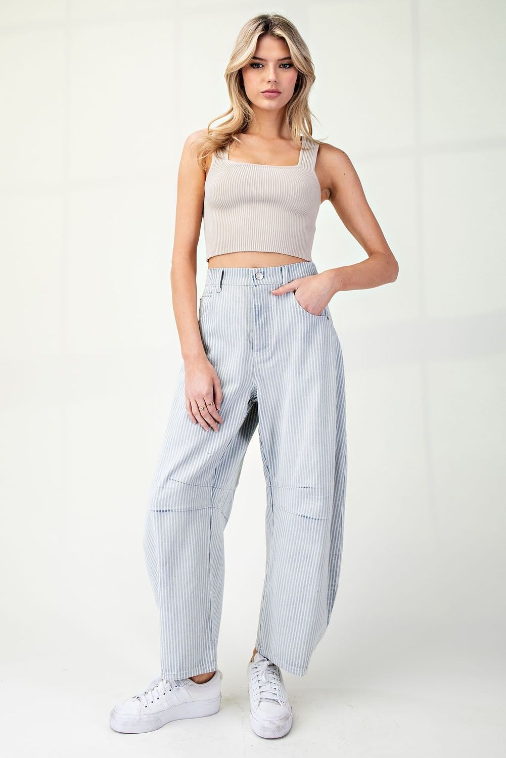 Mineral Washed Pinstriped Barrel Jeans