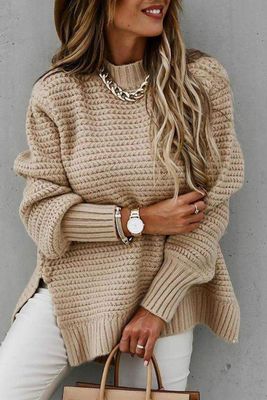 Solid Long Sleeve Loose Hem Sweater 