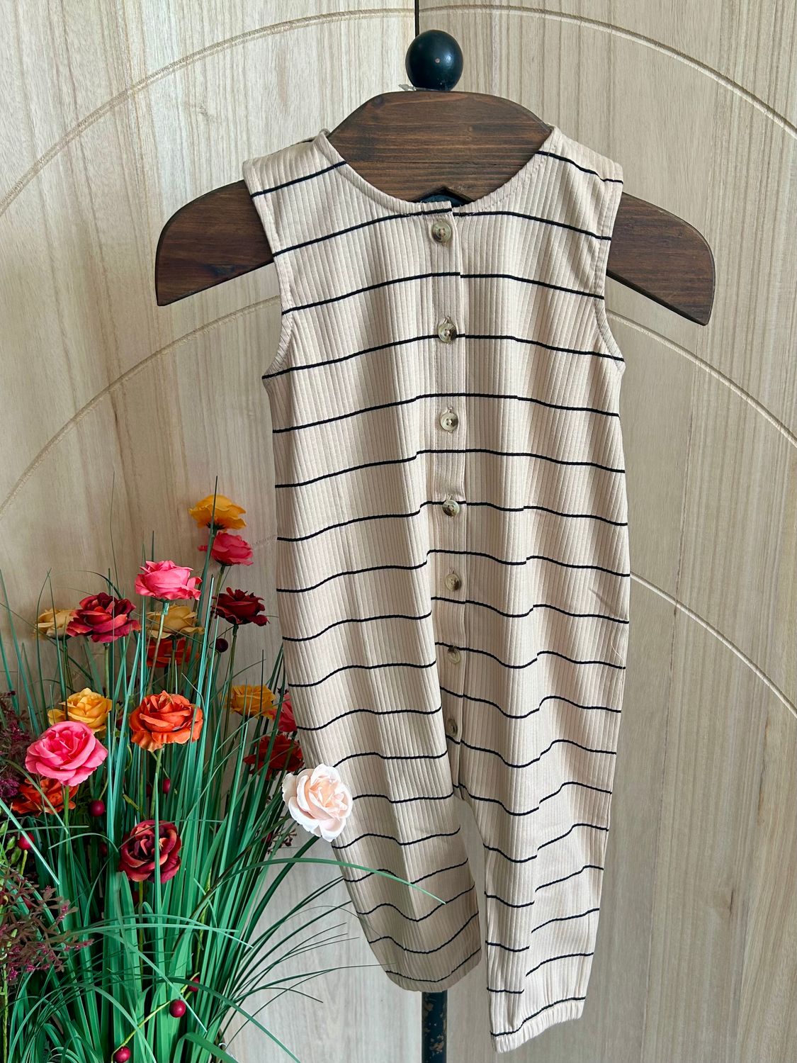 Tan and Black Stripe Ribbed Jumpsuit 