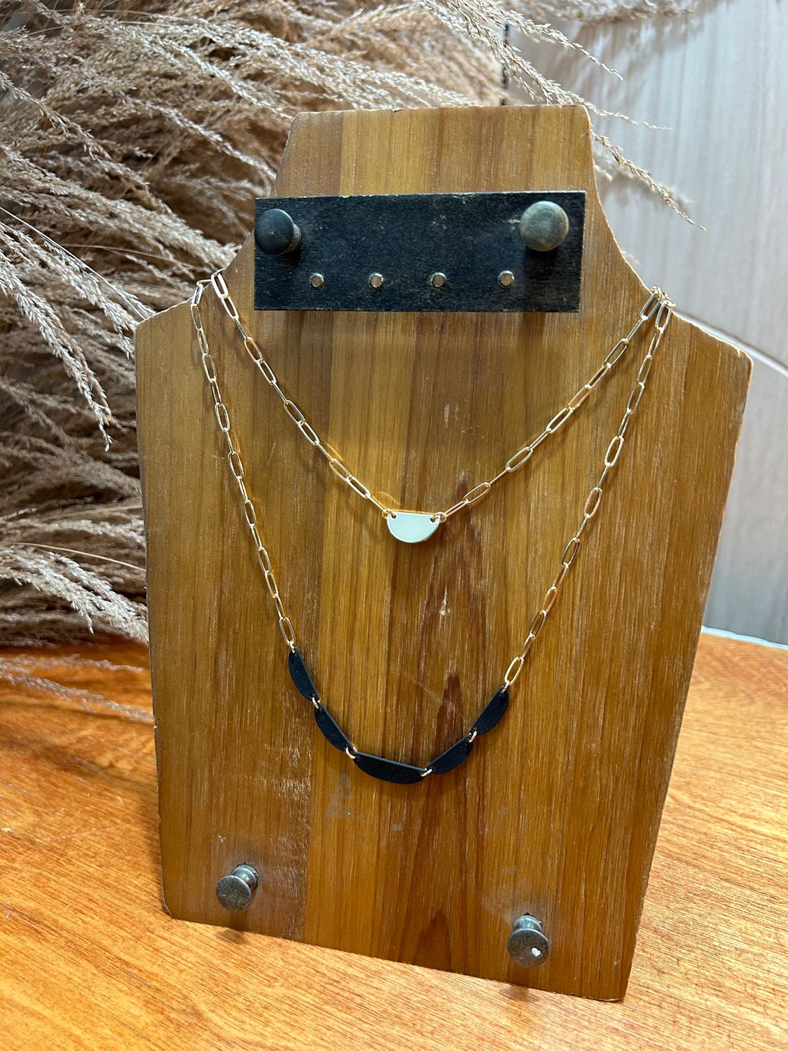 Two Layer Necklace W/ Black &amp; Gold Circles