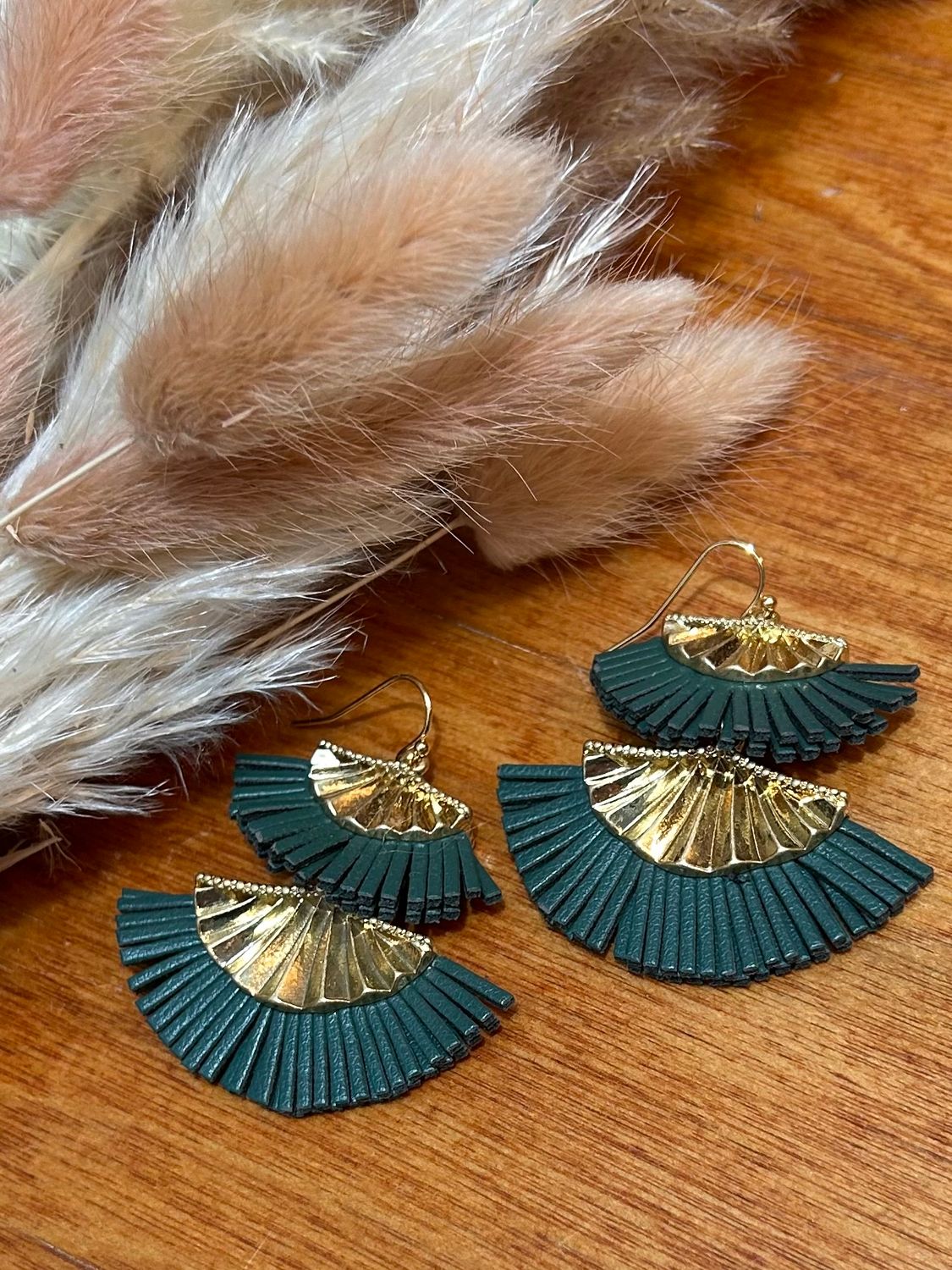 Fan Shape Leather Tassel Earrings