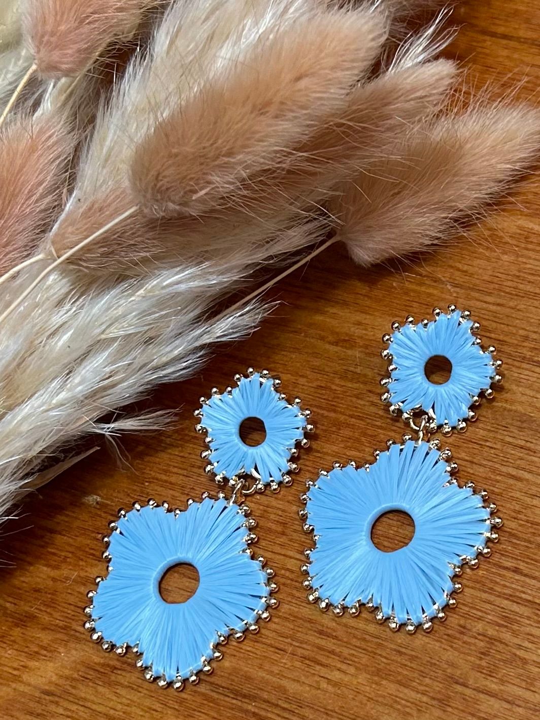 Raffia-Wrapped Flower Dangle Earrings