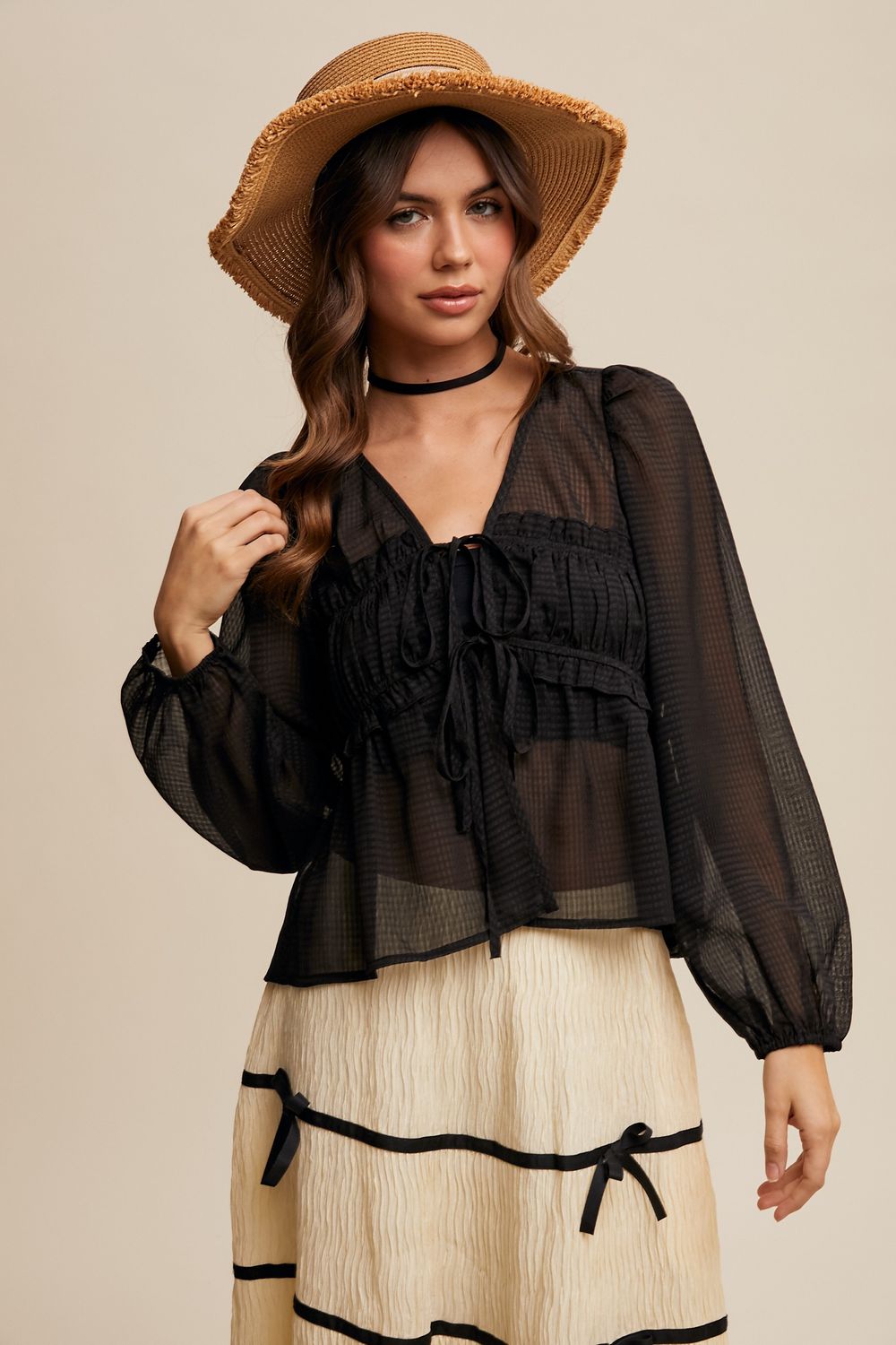 Sheer Puff Sleeve Tie-Front Blouse
