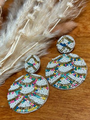 Circle Beaded White Earrings