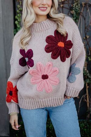 Tan Floral Fall Stitched Sweater