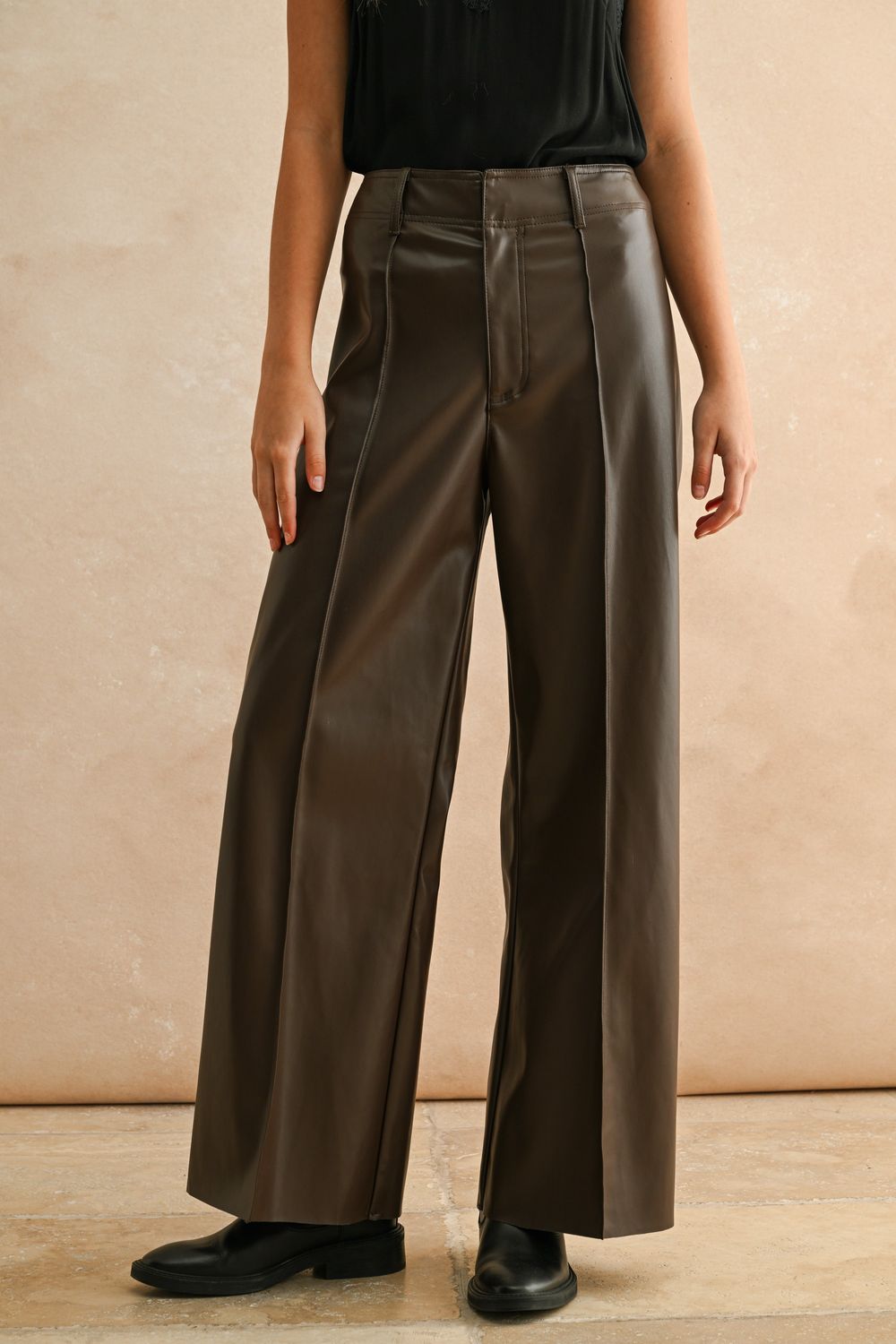Pintuck Detail Pleather Wide Straight Pants