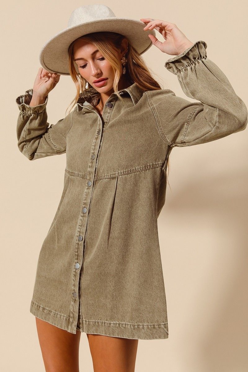 Washed Denim Button Down Mini Dress 