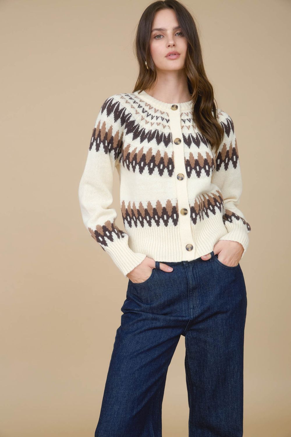 Scandi Pattern Button Down Knit Cardigan 