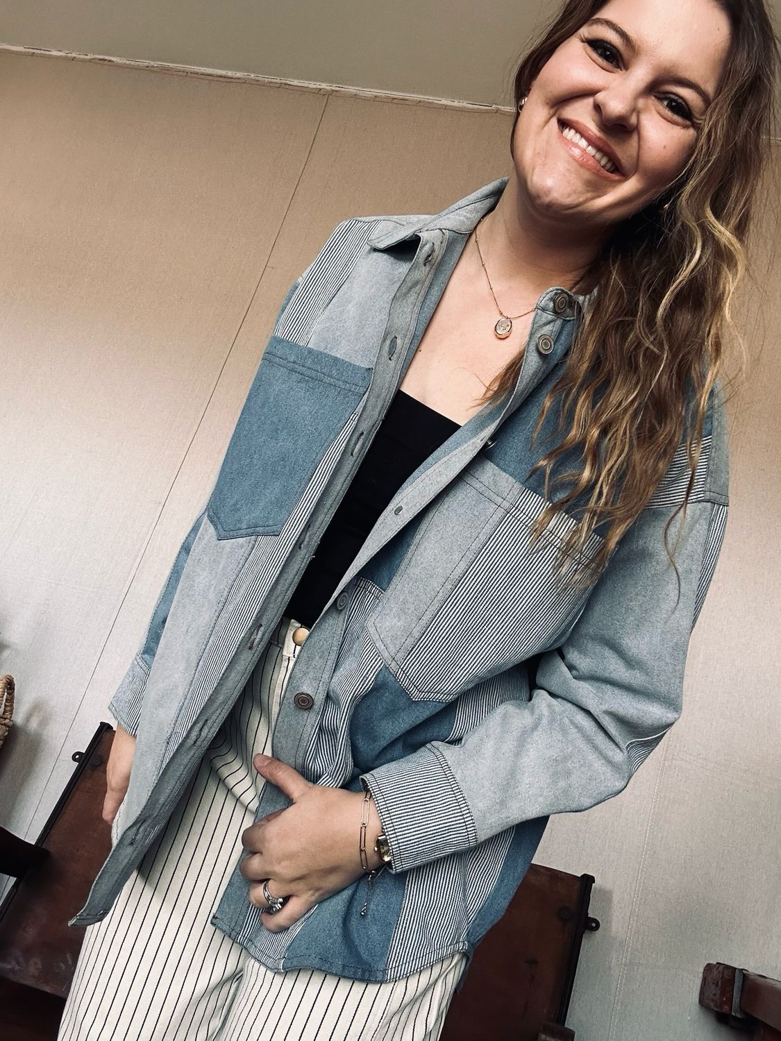 Washed Denim Colorblock Shacket Washed Denim Colorblock Shacket