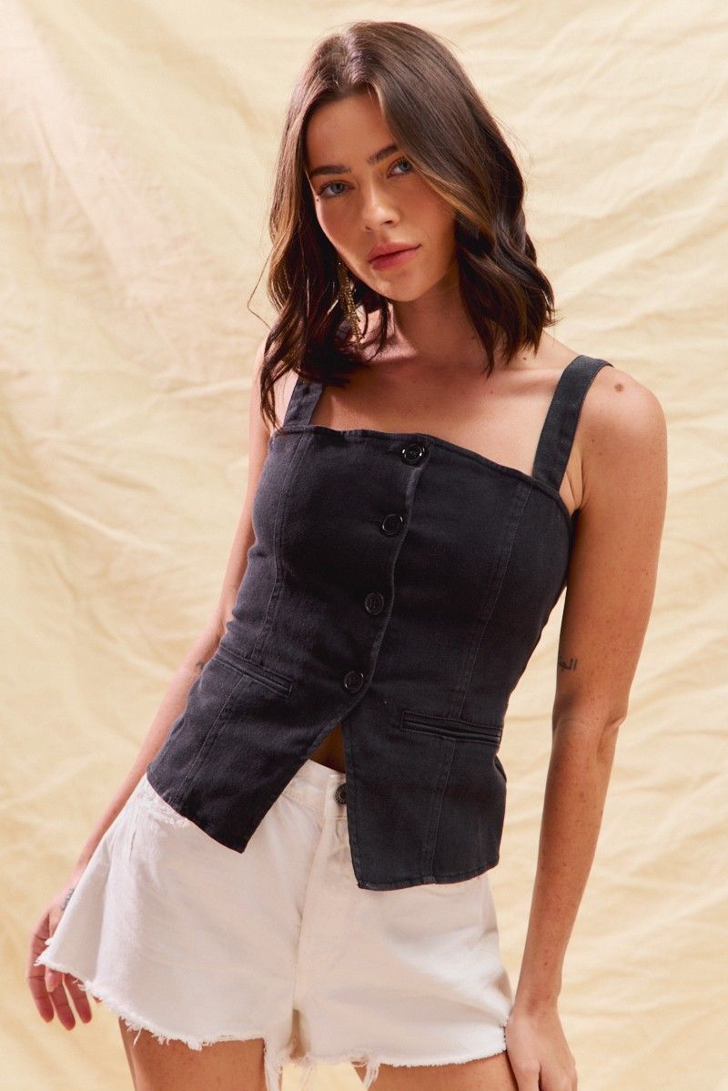 Button Down Sleeveless Denim Top