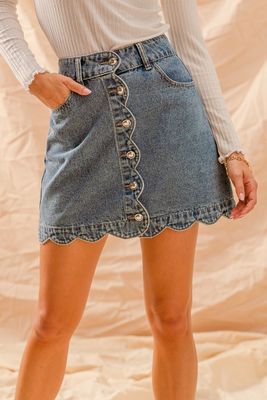 Scallop Buttoned Front Denim Skirt
