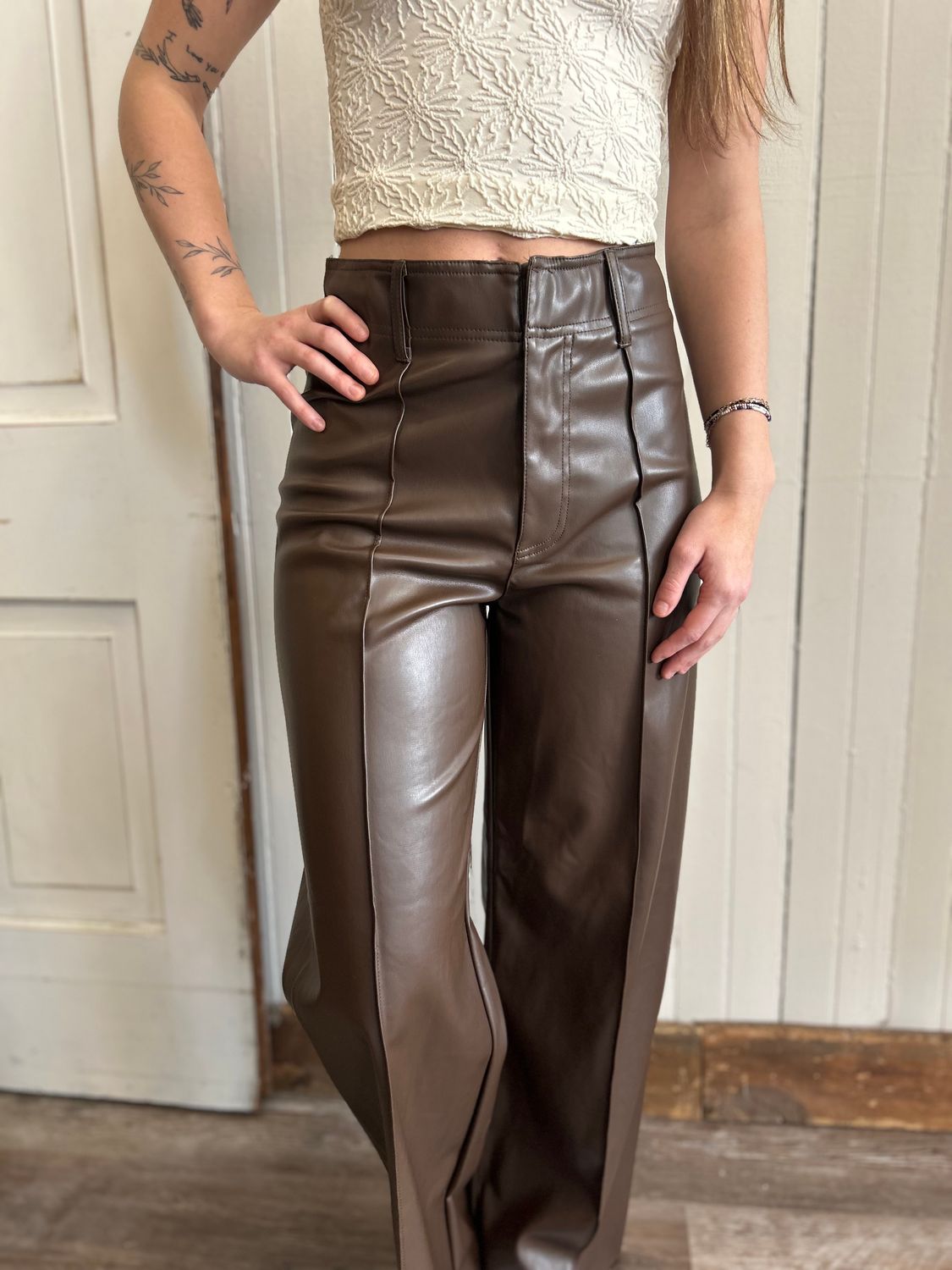 Pintuck Detail Pleather Wide Straight Pants Pintuck Detail Pleather Wide Straight Pants
