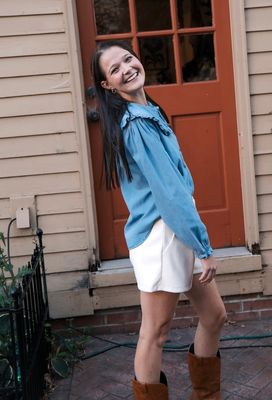Ruffled Trim Collar Denim Shirt