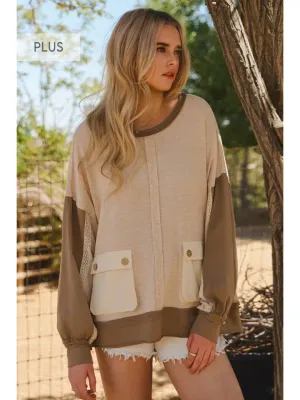 Curvy Color Block Lace Trim Blouse