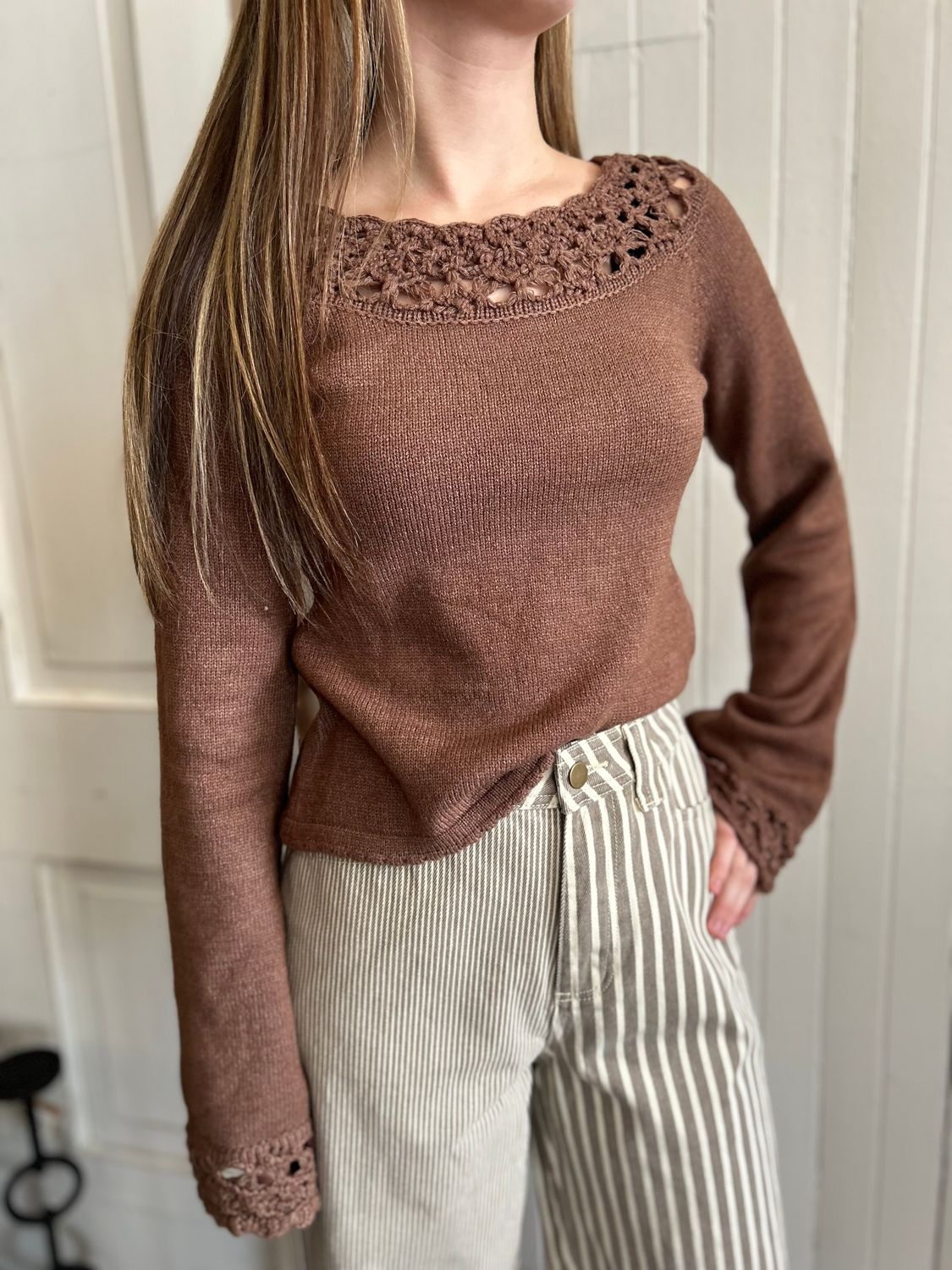 Off Shoulder Knit Crochet Sweater