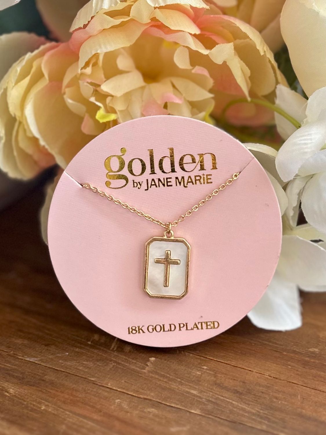 18K Gold Chain Necklace with White Rectangle with Cross 18K Gold Chain Necklace with White Rectangle with Cross