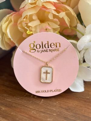 18K Gold Chain Necklace with White Rectangle with Cross