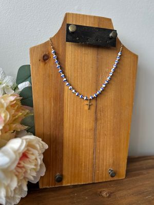 Gold Half Blue Floral Beaded Cross Necklace
