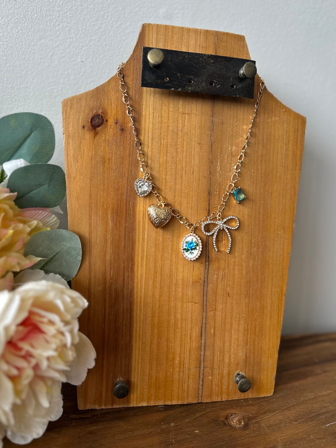 Gold Crystal Bow and Heart Charm Necklace Gold Crystal Bow and Heart Charm Necklace